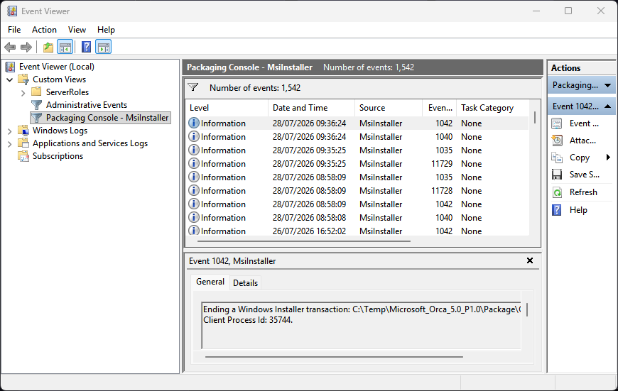 The resulting filtered Event Viewer custom view, showing MsiInstaller events