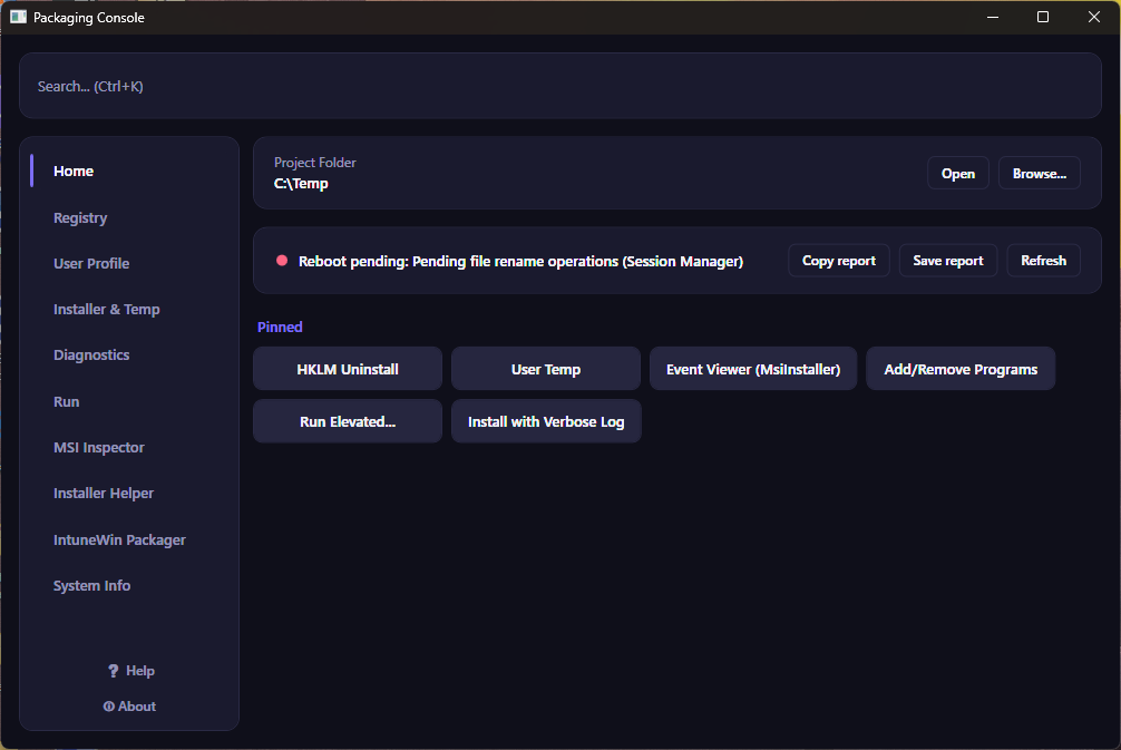 Packaging Console Home view showing the reboot-pending banner, Project Folder, and pinned favorites