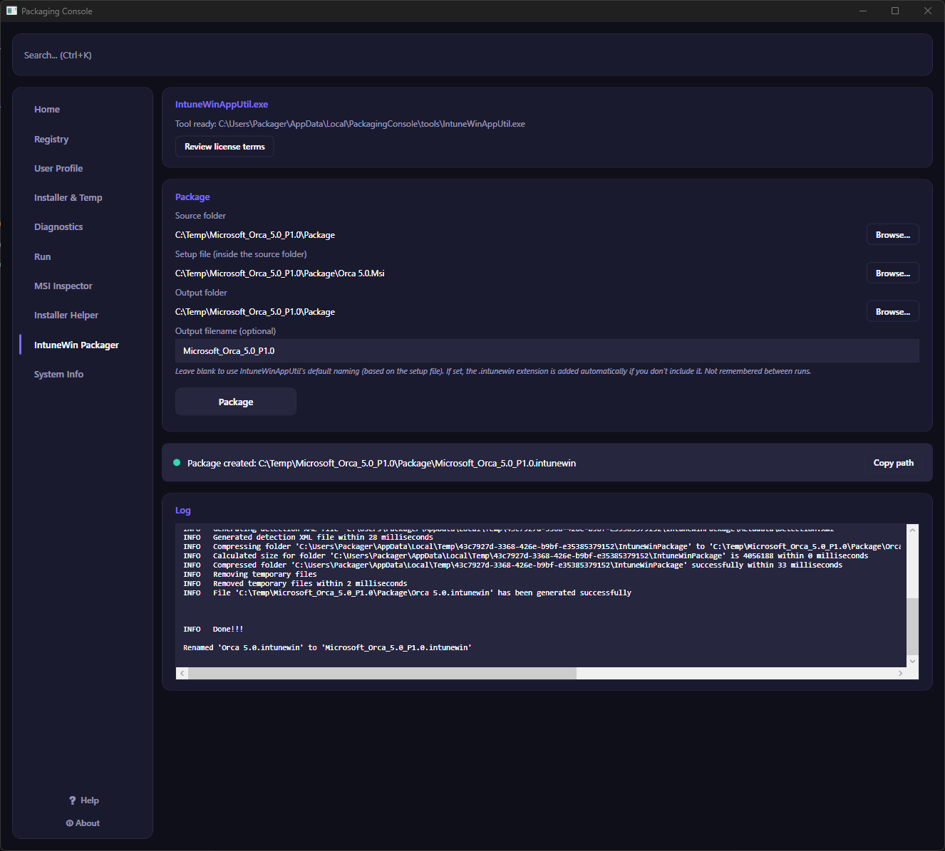 IntuneWin Packager showing source, setup file, output folder, and a completed package with log