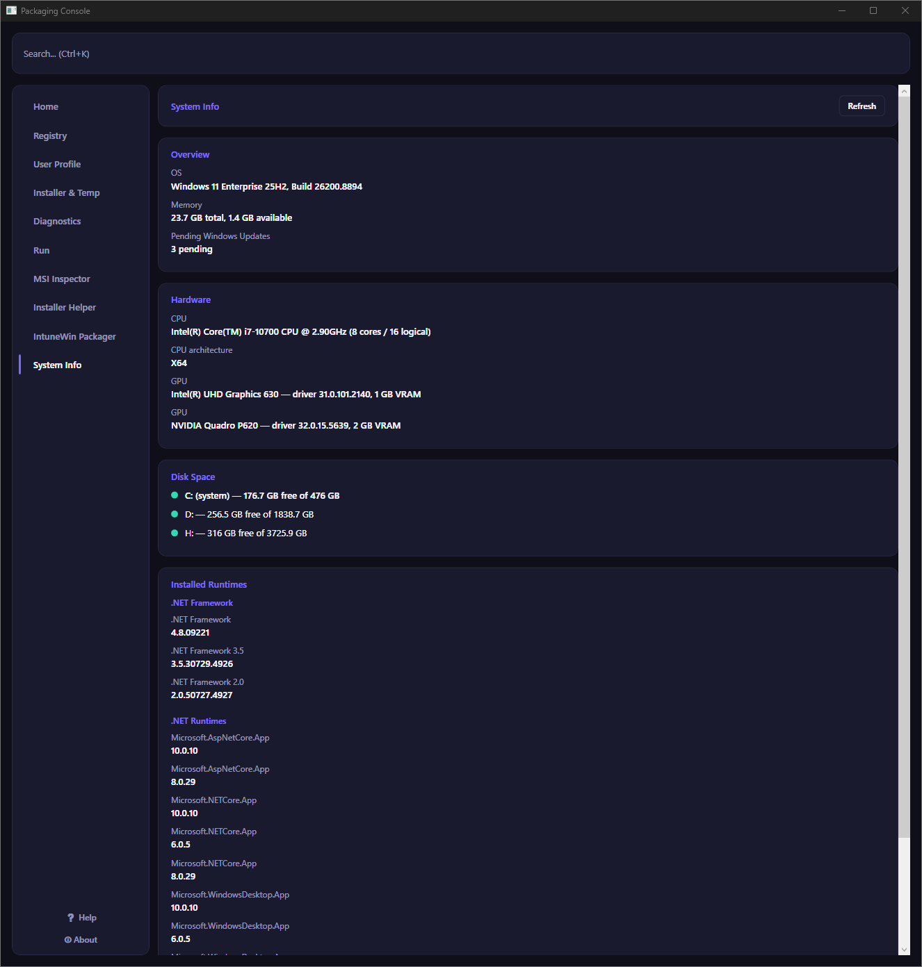 System Info panel showing OS, memory, CPU, GPU, disk space, and installed runtimes