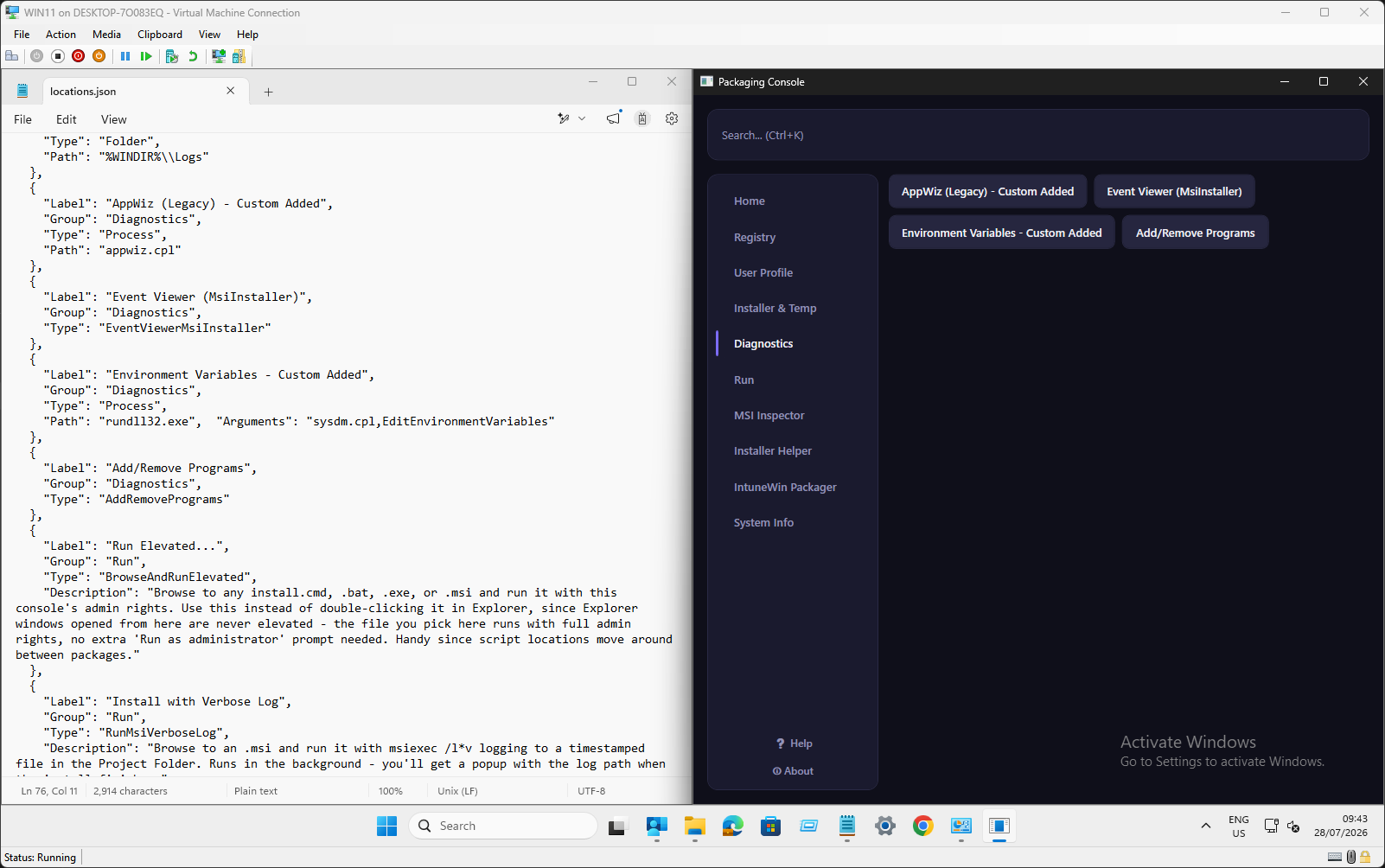 A custom locations.json entry added by hand, and the resulting new button appearing in the app