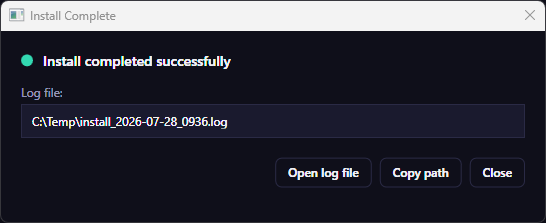 Install complete dialog with log file path and Copy and Open buttons